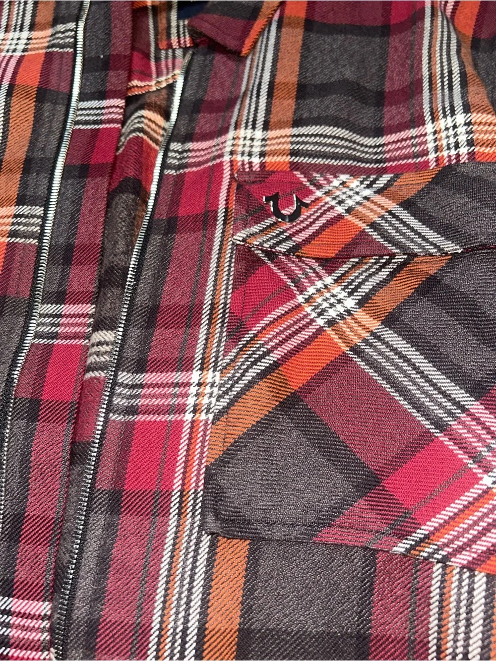 True Religion Red and Black Plaid Zip Up Shirt